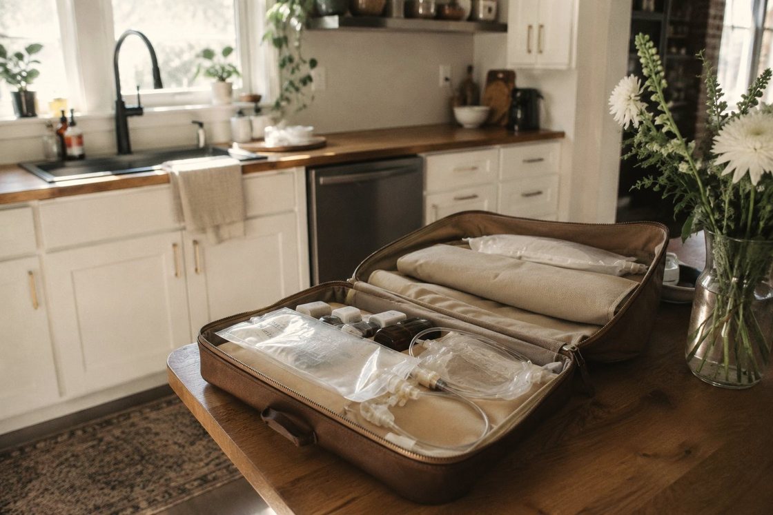 A sealed supply case opened out on a kitchen counter