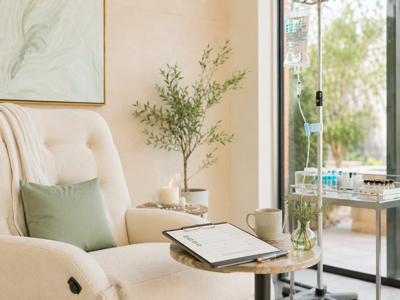 A chair set up for an infusion, an intake form on the side table beside the drip stand