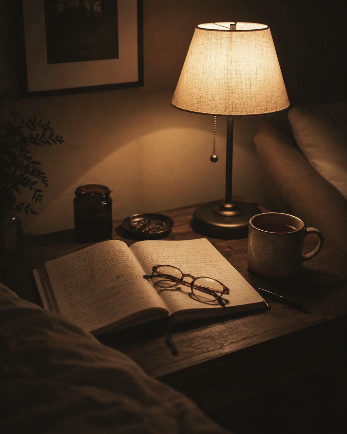 An evening lamp corner with an open journal
