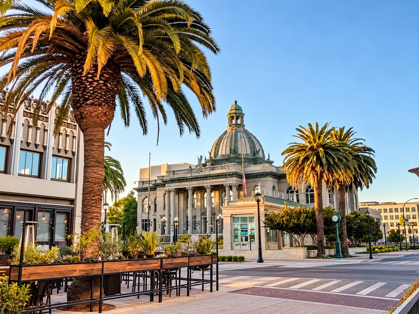 Downtown Redwood City, with palm trees and the historic courthouse dome